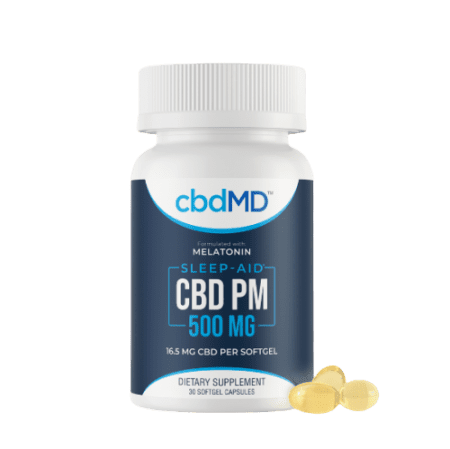 Bottle of CBD PM sleep aid, a natural solution for pain relief is CBD capsules Northwest Indiana.