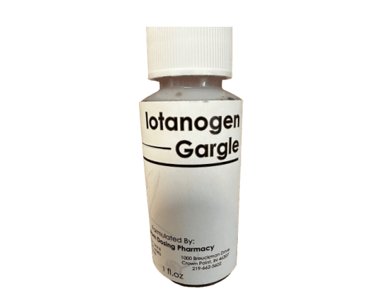 White pharmaceutical bottle labeled "iotanogen gargle" with dosage instructions, isolated on a white background.