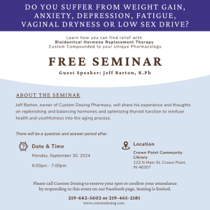 Flyer for a free seminar on bioidentical hormone replacement therapy for aging issues. Speaker: Jeff Barton, R.Ph. Date: September 30, 2024, 6-7 PM. Location: Crown Point Community Library.