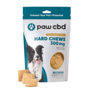 A bag of CBD Dog Hard Chews, peanut butter flavor, 300 mg total CBD, 30 chews per bag, with three chews displayed in front of the package.